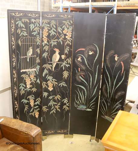 A Chinese ebonised four fold draught screen, painted each si...