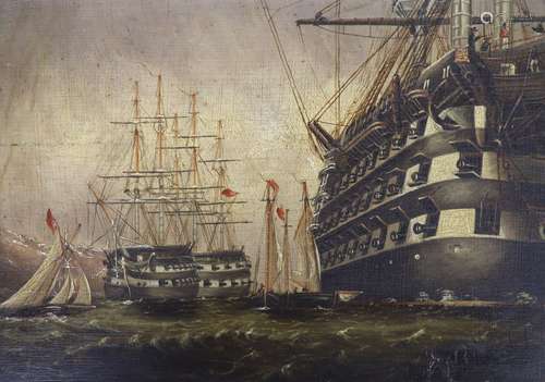 19th century English School, oil on panel, Warships in harbo...