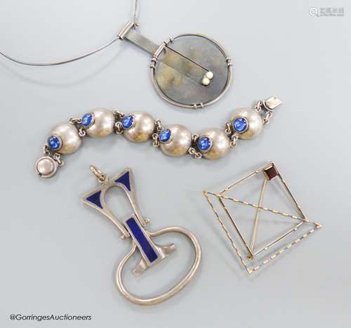 A stylish 1970's silver and blue enamel set pendant, maker E...