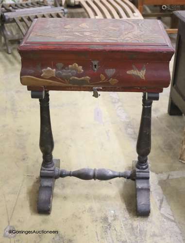 A Chinese lacquered work table, width 47cm, depth 32cm, heig...