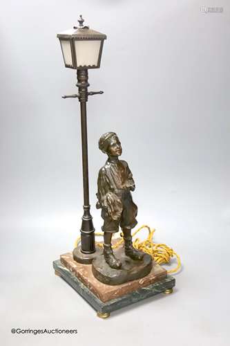 A bronze desk lamp, a boy standing beneath a street lamp, si...