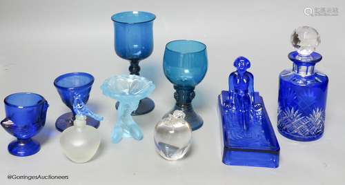 Nine pieces of coloured glassware, including a roemer, a win...