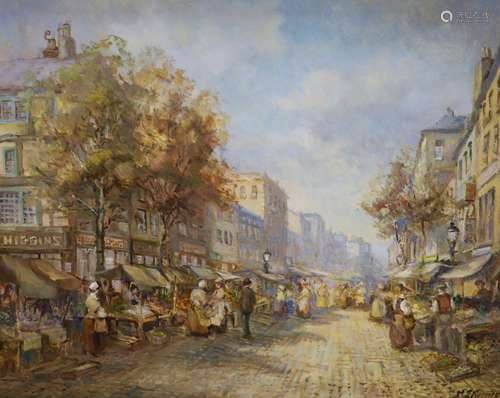 M.J. Rendell, oil on board, Street market, signed, 39 x 48cm