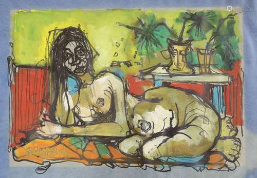 Jordi Bonas (b.1937), oil on paper, Reclining female nude, s...