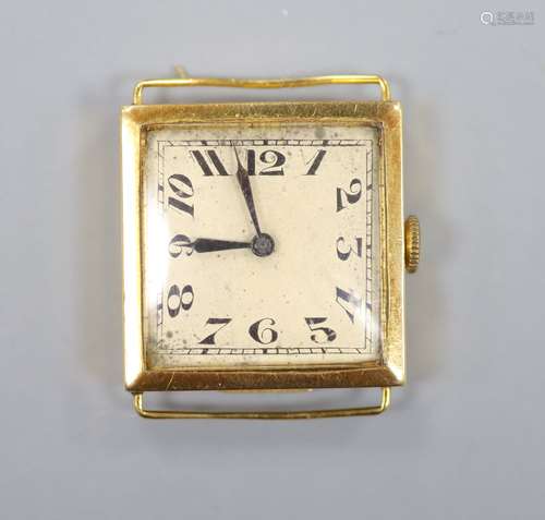 A 1920's 18ct gold square cased manual wind wrist watch, no ...