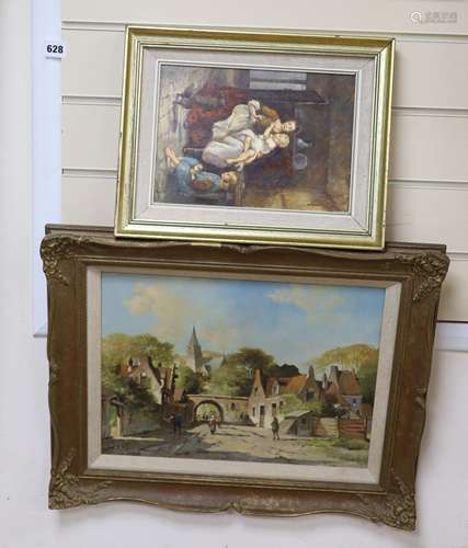 M.J. Rendell, two oils on board, Street scene and Interior w...