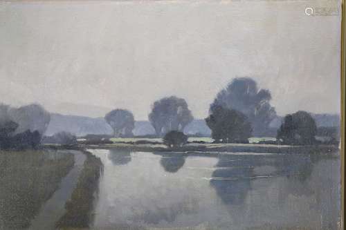 Norman Battershill, oil on canvas, Tranquil river landscape,...