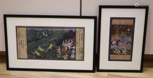 Indian School, two gouaches, Hunting scenes, 14 x 29cm and 1...