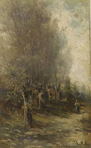 G.F. Diez, oil on board, Figure on a tree lined lane, signed...