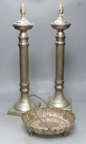 A pair of large plated electric table lamps, each square bas...