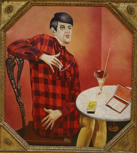 After Otto Dix, oil on board, Young man seated at a cafe tab...