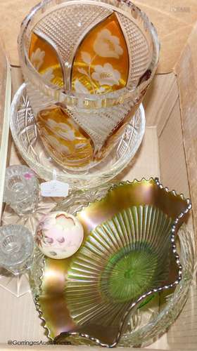 A carnival glass dish, a Bohemian vase and mixed glassware