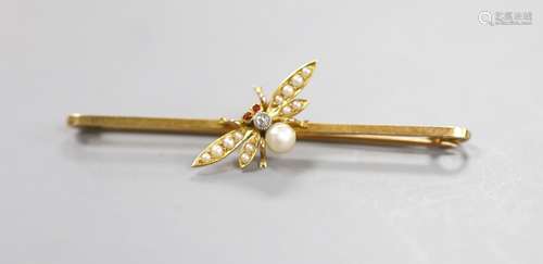 An Edwardian 15ct, diamond and seed pearl set bug bar brooch...