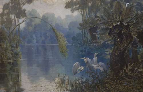 Ferdinand Schebek (1875-1949), oil on canvas board, Herons b...