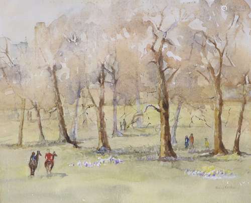 Olive Stiefel, watercolour, Horse riders in Hyde Park, signe...