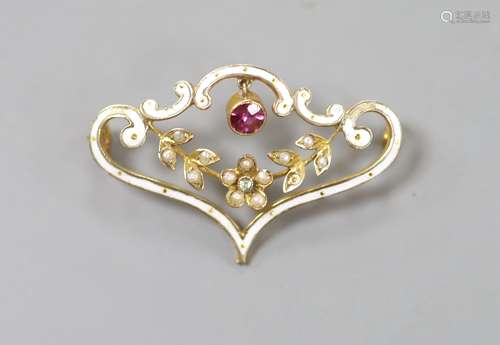 An Edwardian 9ct, enamel, seed pearl and gem set drop scroll...