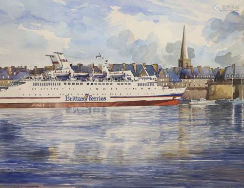 Benoit Colnot, watercolour, Brittany Ferry entering harbour,...