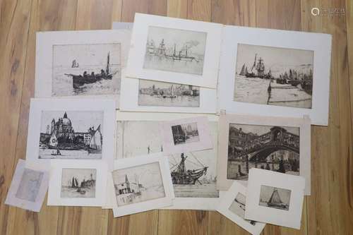 Nelson Dawson (1859-1941), 14 assorted etchings; HMS Indefat...