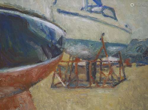 Modern British, oil on board, Cockle Boats, Old Leigh, 40 x ...