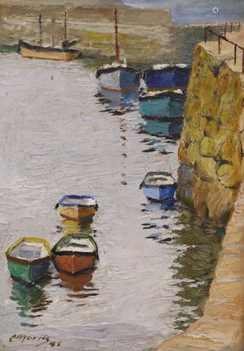 C. Morris (20th C.), oil on board, Fishing boats in harbour,...