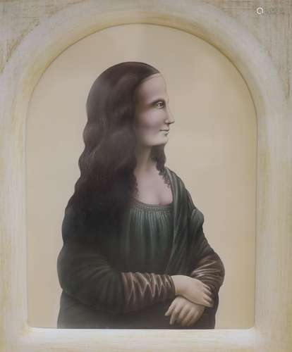 Attributed to David Pelham, tempera, Mona Lisa in an archway...