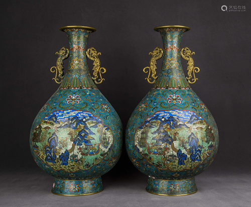 PAIR OF CLOISONNE ENAMEL DOUBLE-HANDLED VASE, QI…