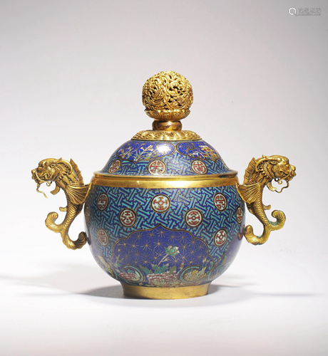 CLOISONNE ENAMEL & GILT BRONZE CENSER WITH MARK