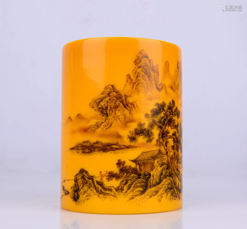 YELLOW GLASS WITH POEM AND LANDSCAPE PEN HOLDER