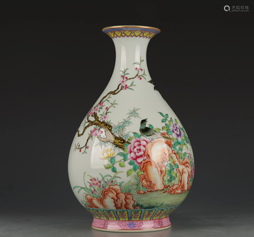 FAMILLE ROSE FLOWERS AND BIRDS VASE WITH MARK