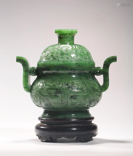 CARVED GREEN JADE INCENSE BURNER