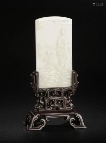 CARVED JADE TABLE SCREEN WITH BASE