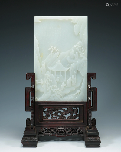 SUPERBLY CARVED POEM-INSCRIBED WHITE JADE TABLE SCREEN