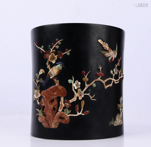 ZITAN WOOD PEN HOLDER INLAID BAIBAO FLOWER AND BIRD