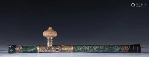 QING DYN. JADEITE INLAID BRONZE OPIUM PIPE