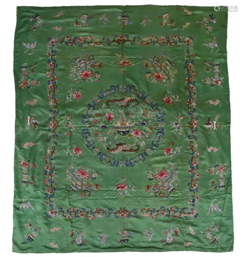 LARGE GREEN-GROUND SILK EMBROIDERED PANEL