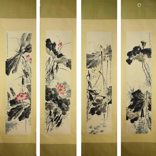 FOUR SCREENS CHINESE LOTUS PAINTING WITH SIGNE