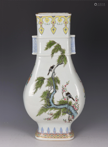 FAMILLE ROSE DOUBLE-EARED PORCELAIN VASE, QIANLONG MARK