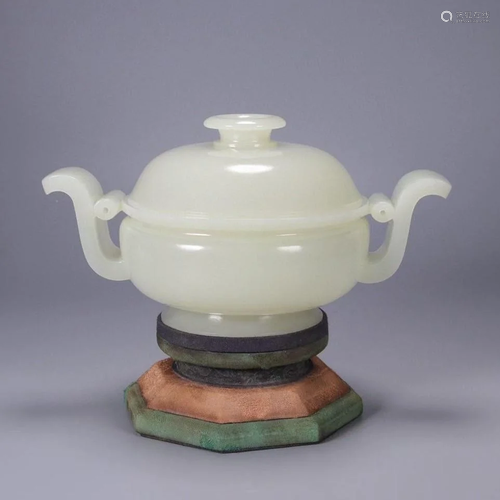 CHINESE HETIAN JADE DOUBLE-EARED CENSER