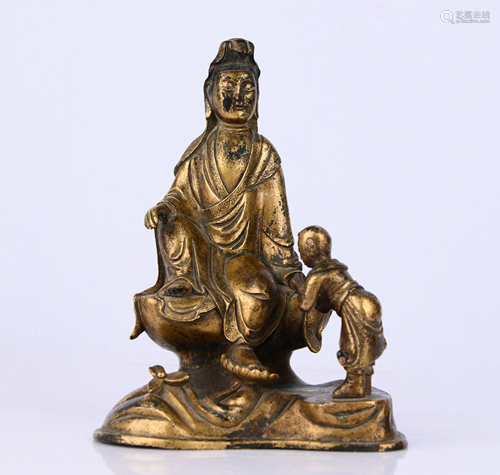 GILT BRONZE BOY WORSHIPS GUANYIN