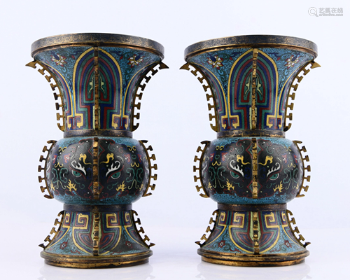 PAIR CLOISONNE ENAMEL & GILT BRONZE VASEWITH MARK