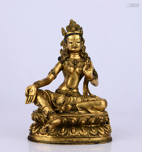 BRONZE GILT INLAID GEMSTONE TARA