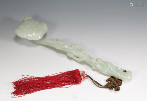 CARVED WHITE JADE RUYI WITH DRAGON AND PHOENIX