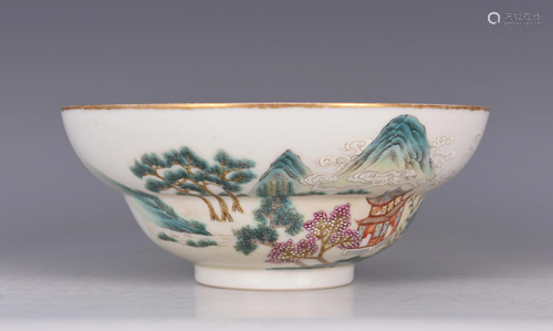 FAMILLE ROSE 'LANDSCAPE' PORCELAIN BOWL WITH MARK