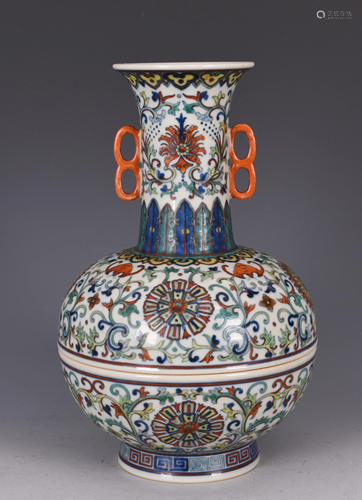 DOUCAI DOUBLE-EARED PORCELAIN VASE, QIANLONG MARK