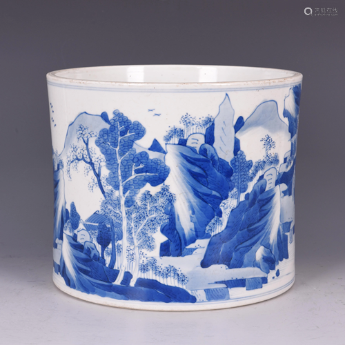 BLUE AND WHITE 'LANDSCAPE' PORCELAIN BRUSH POT