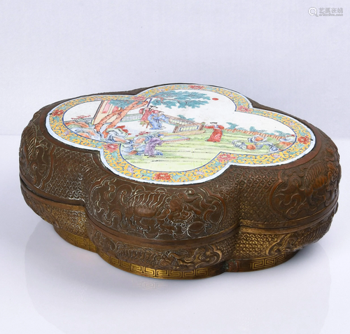 BRONZE PAINTED ENAMEL CHARACTER STORY HOLDING BOX