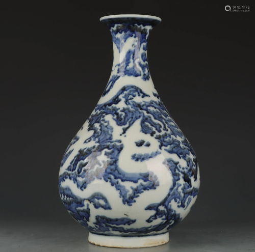 BLUE AND WHITE VASE WITH CLOUD AND DRAGON