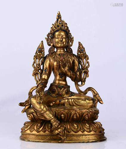 SEATED GILT BRONZE TARA WITH PRECIOUS STONES