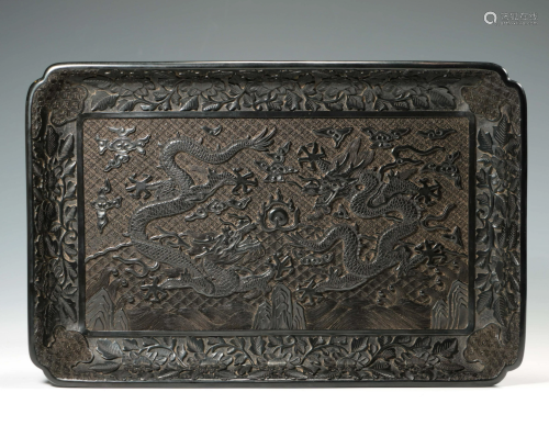 FINELY CARVED DOUBLE-DRAGON LACQUERED HARDWOOD …