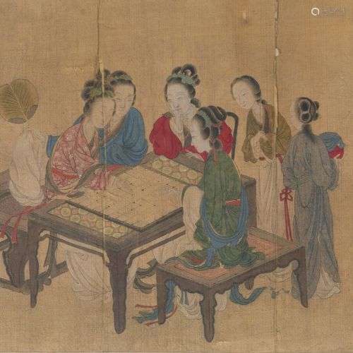 CHINE - Vers 1800 Six femmes au jeu, peinture sur tissu cont...